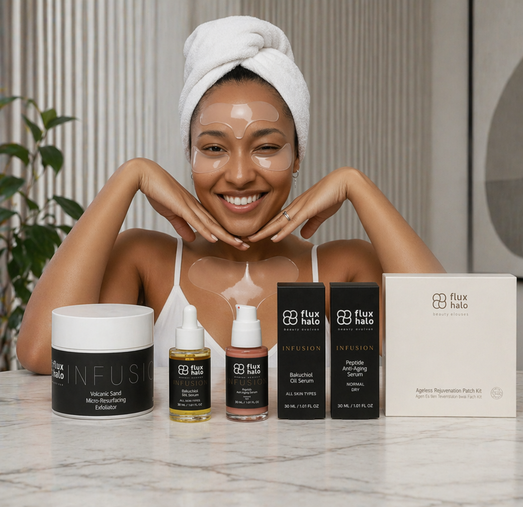 A smiling woman with a white towel wrapped around her hair poses behind a skincare product lineup on a marble countertop. The products include an INFUSION Voluptue Serum jar, two small dropper bottles, two black flux halo treatment boxes, and a white flux halo Rejuvenation Patch Kit box.