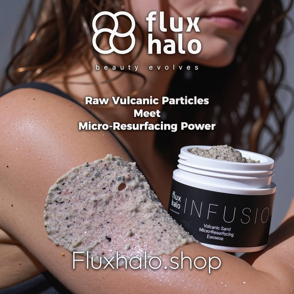 A close-up of a woman's shoulder and upper arm with a textured volcanic sand face mask applied, alongside an open white jar of Flux Halo Infusio volcanic sand micro-resurfacing mask. The image features promotional text overlays for Flux Halo.