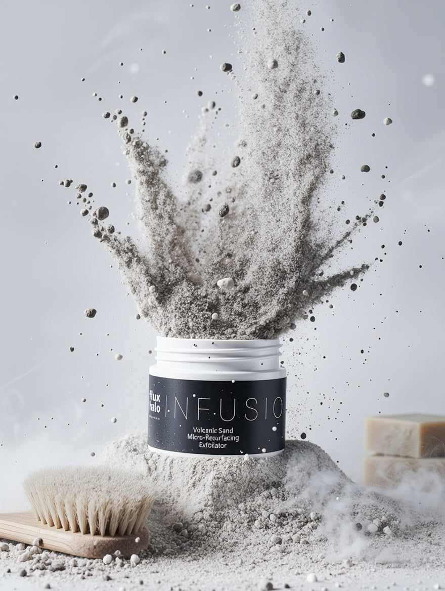 A jar of Luxe Into Infusio volcanic sand moisturizing emulsion sits on a pile of gray powder, with the powder exploding upward in a dramatic spray. A wooden brush and two bars of soap are visible on a light gray background.
