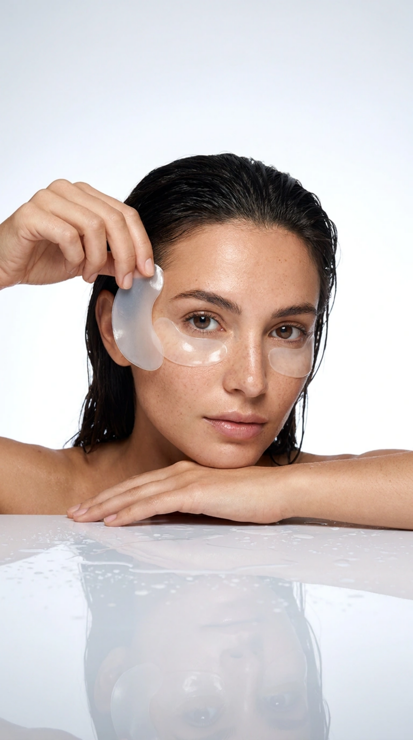 Woman applying eye patches with a white background