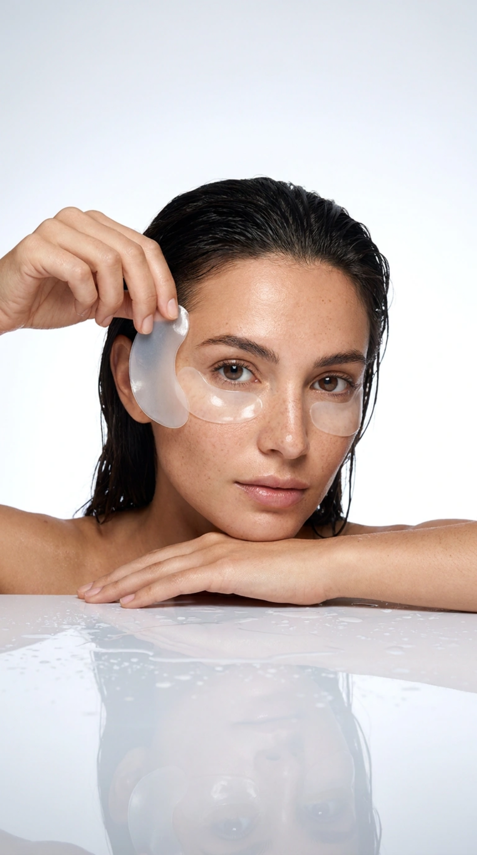 Woman applying eye patches with a white background