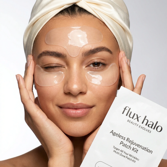 Woman wearing face patches with 'flux halo' packaging on a neutral background