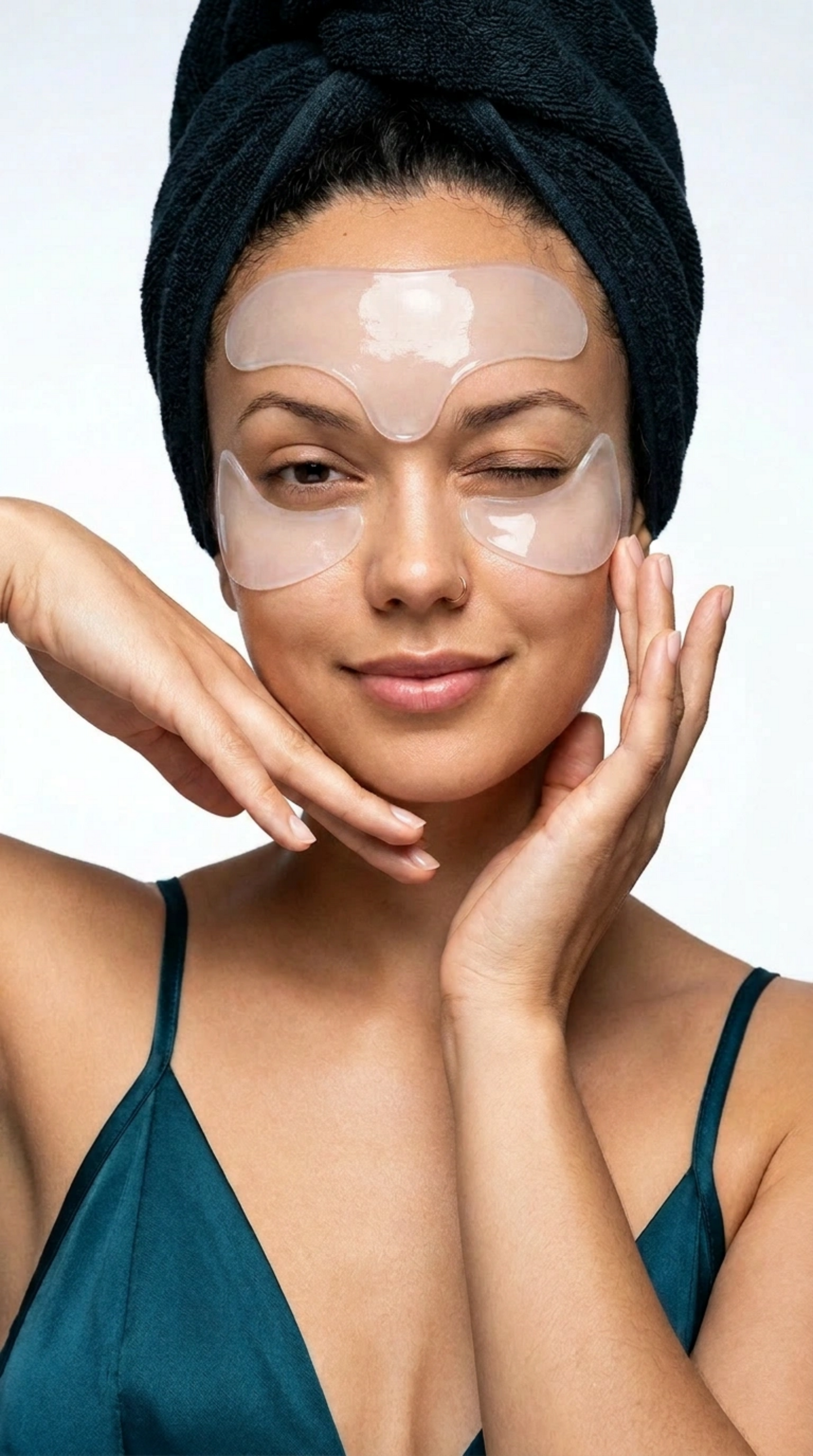 Woman with under-eye patches and a towel on her head against a white background