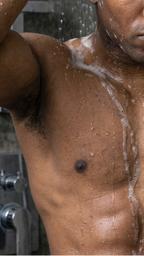 A shirtless man with soap lather on his head stands under a shower head in a glass shower enclosure, with a shower bottle on a shelf beside him.