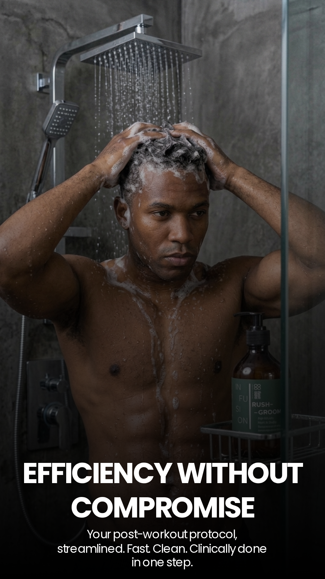 A shirtless man with soap lather on his head stands under a shower head in a bathroom, with large text at the bottom reading 'EFFICIENCY WITHOUT COMPROMISE' and smaller promotional copy below.