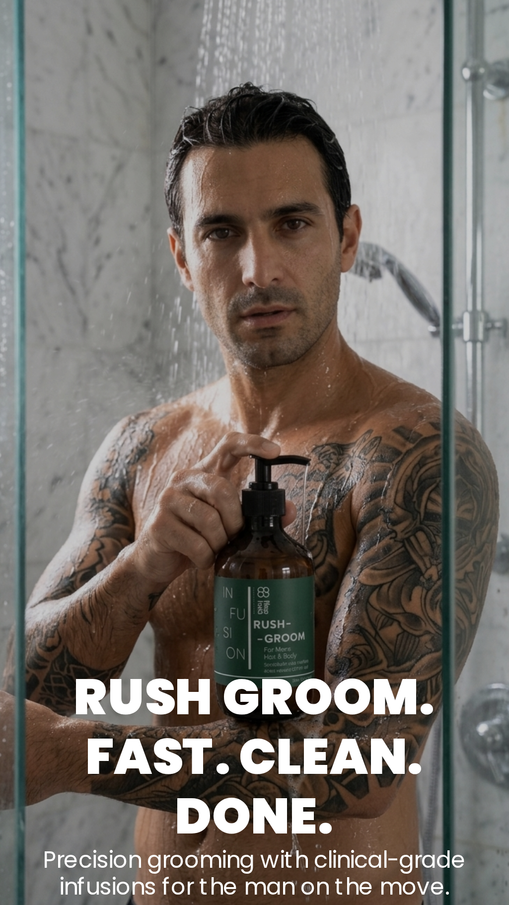 A shirtless tattooed man stands in a shower holding a bottle of Rush Groom shower gel. Large white text at the bottom reads 'RUSH GROOM.