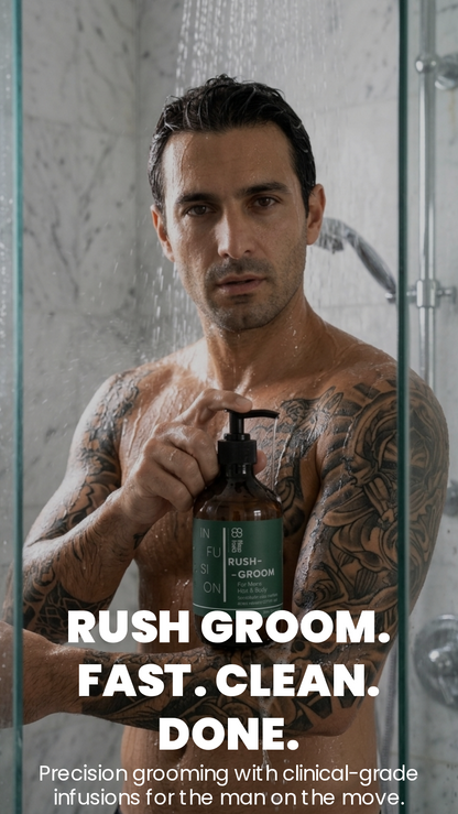 A shirtless tattooed man stands in a shower holding a bottle of Rush Groom shower gel. Large white text at the bottom reads 'RUSH GROOM.