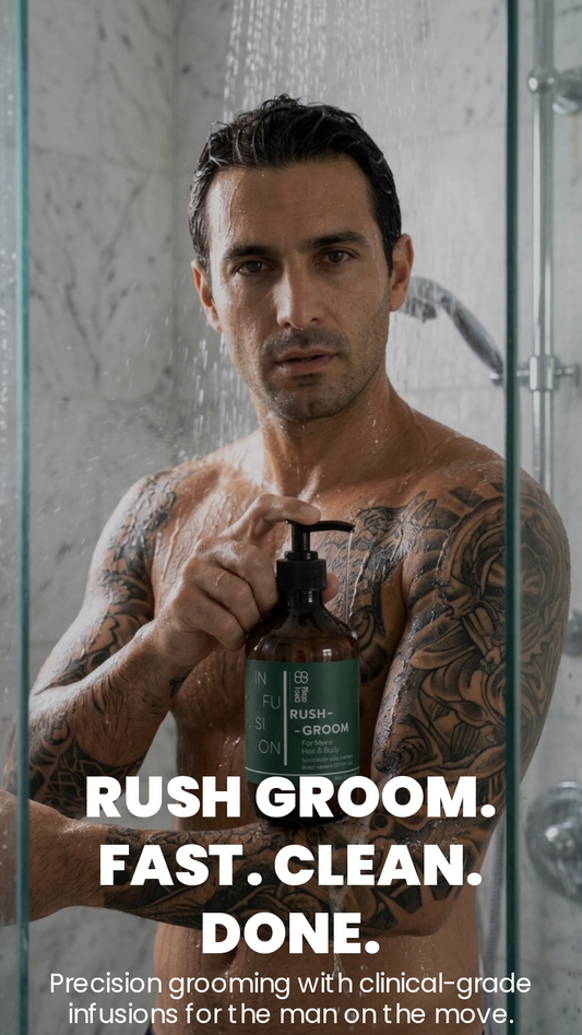 A shirtless tattooed man stands in a shower holding a bottle of Rush Groom shower gel. Large white text at the bottom reads 'RUSH GROOM.