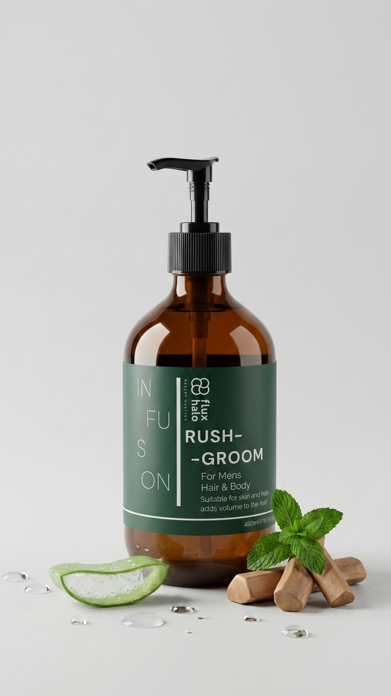 An amber glass pump bottle labeled 'Rush-Groom' by In Fusion, styled on a light gray background with aloe vera, mint leaves, and wooden beads.