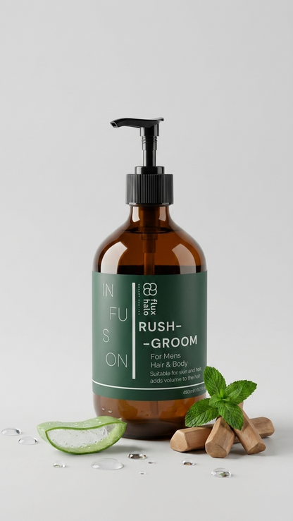 An amber glass pump bottle labeled 'Rush-Groom' by In Fusion, styled on a light gray background with aloe vera, mint leaves, and wooden beads.