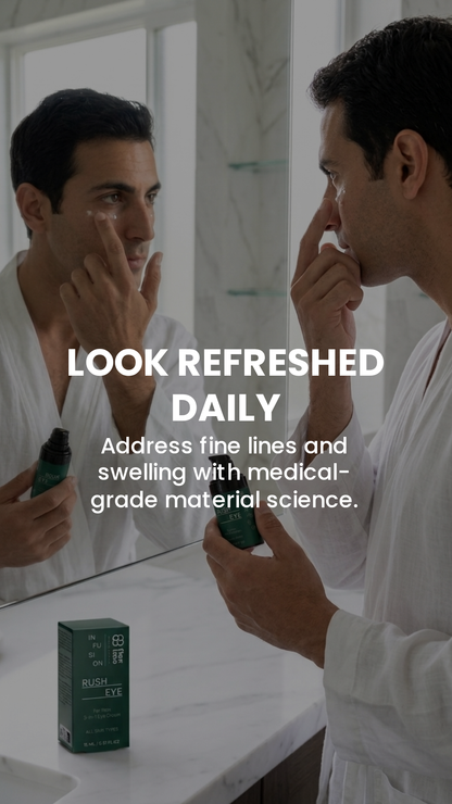 A man in a white robe stands in front of a bathroom mirror applying skincare cream while holding a green bottle. A green product box labeled RUSH EYE BY FLUX HALO