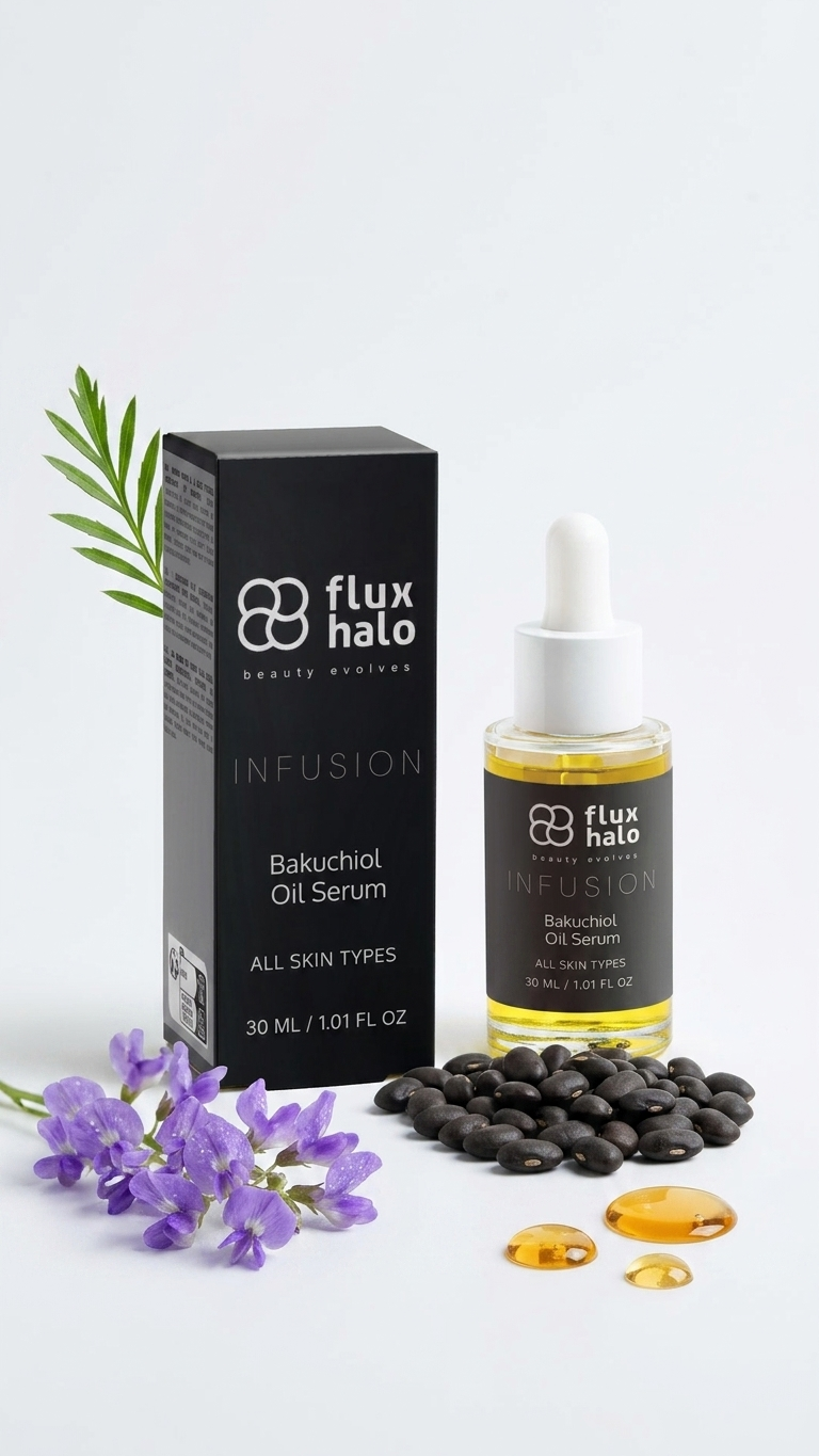 Flux Halo Bakuchiol Oil Serum 30ml bottle with its black packaging box, styled with purple flowers, black stones, and amber oil droplets on a white background.