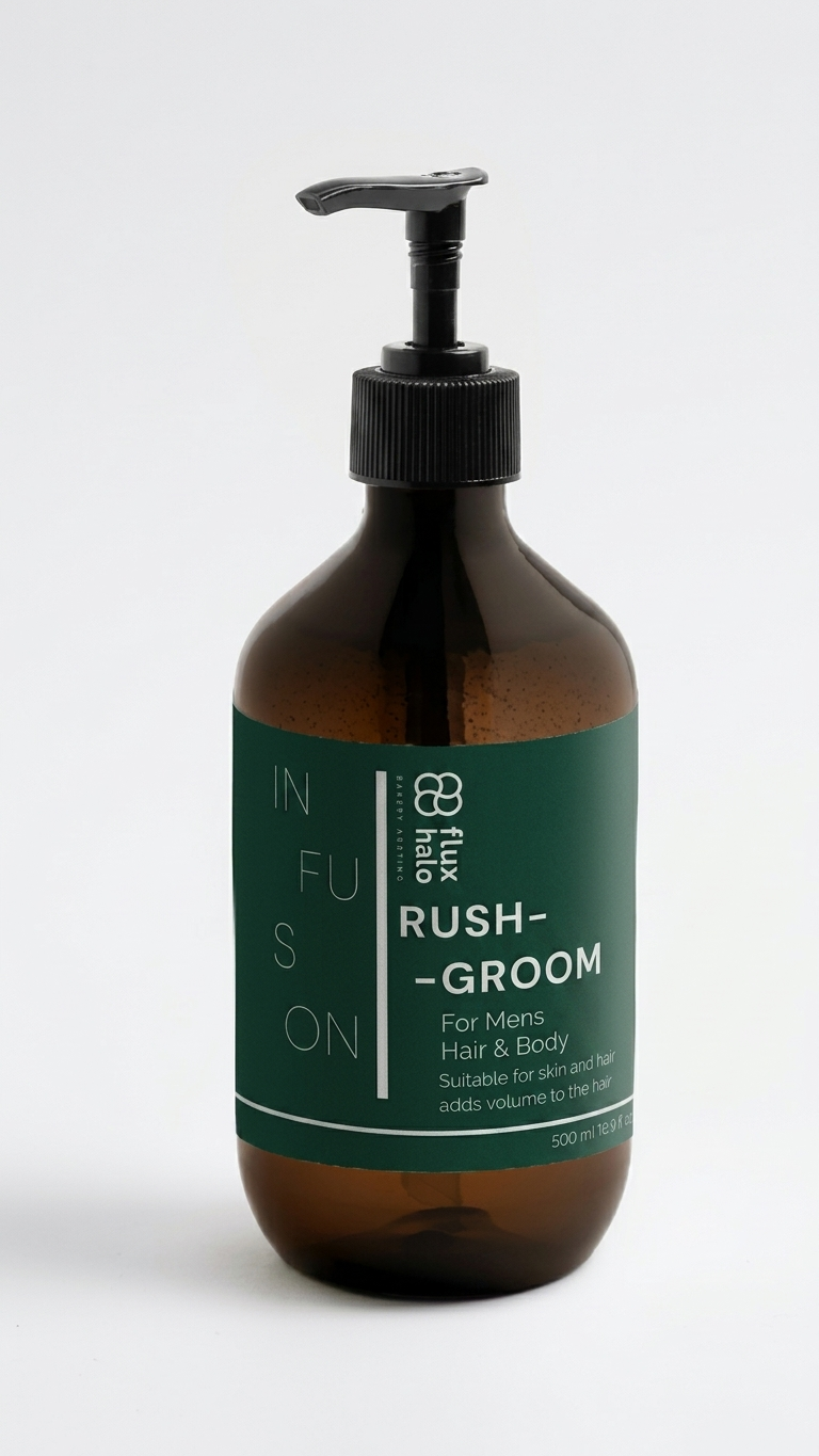 An amber glass pump bottle of IN+U IN+U RUSH-GROOM hair and body wash with a dark green label, set against a plain white background.