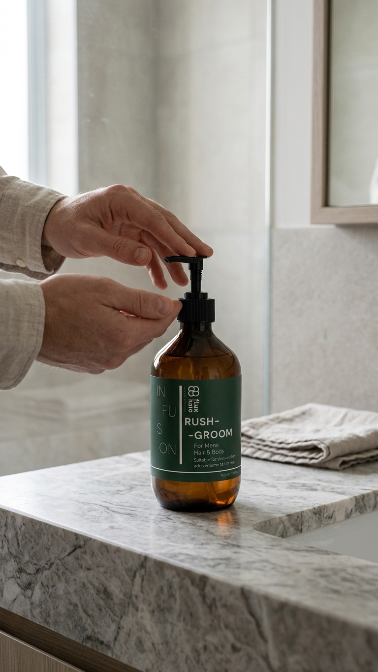 A person's hands are shown dispensing a liquid from an amber glass bottle with a black pump and a dark green label that reads 'NATURE'S GROOM'. The bottle is placed on a gray marble bathroom counter next to a folded towel.