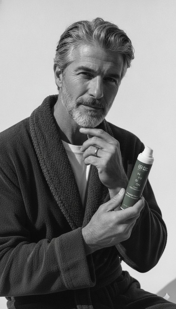 A man in a dark bathrobe holding a green and white bottle of Bio-Blade Hair Growth Serum, shown in a black and white lifestyle portrait.
